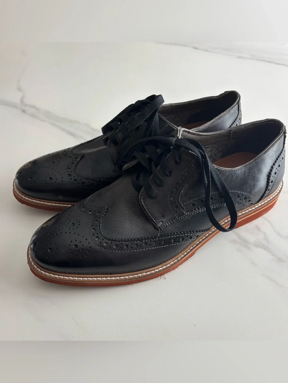 Gordon Rush Black Brogue Wingtip Oxfords with Brown Sole 10.5